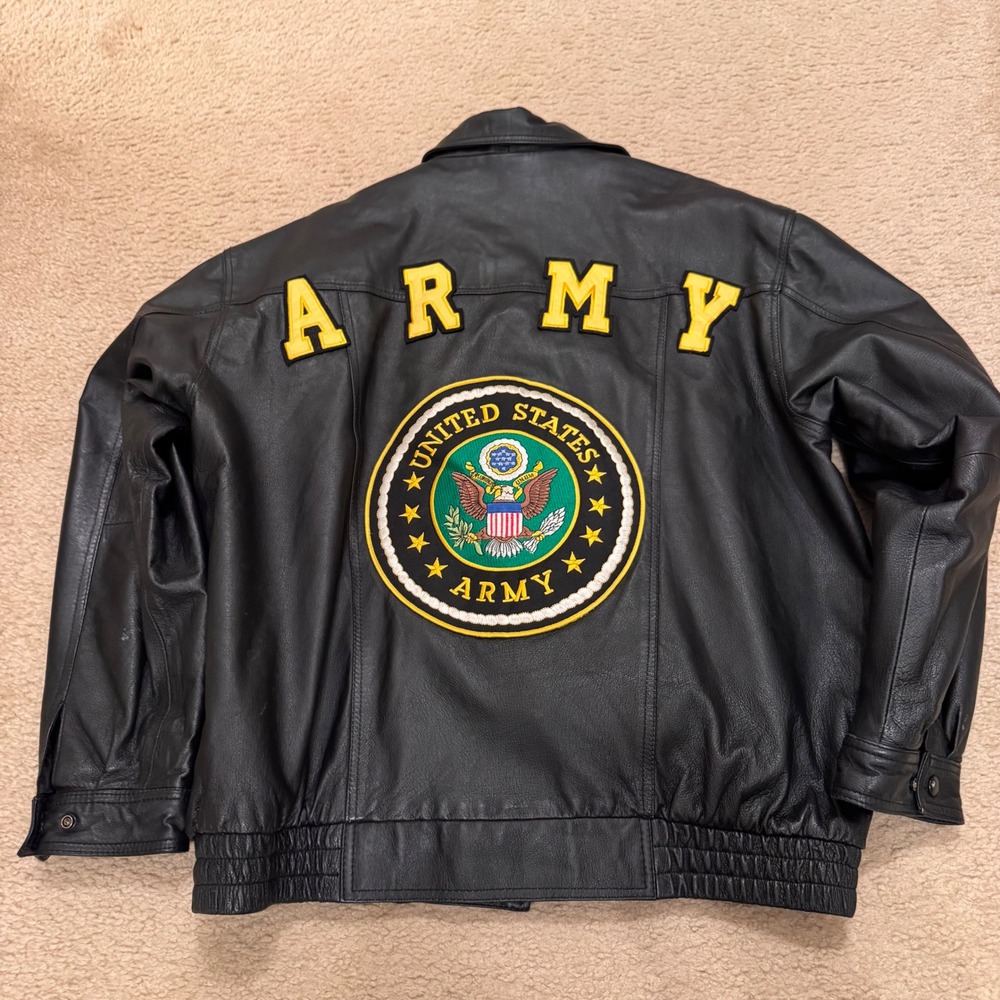 Vintage Army Leather Bomber Jacket USA Patch Military Americana Sz XL Broken Zip